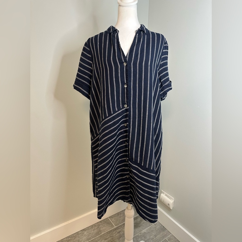 J. Jill Love Linen Navy and White Button Up Linen Relaxed lLinen Dress Sz Large - Picture 3 of 17